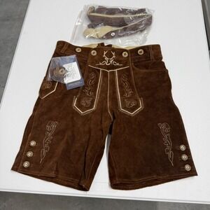 Bavaria Trachten Mens Lederhosen Dark Brown Suede Leather Oktoberfest Shorts Set